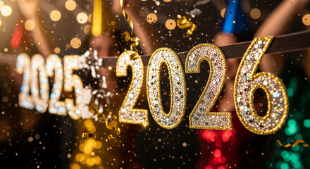 Close-up of glittering numbers 2025, 2026, representing New Year celebration, party with streamers, bokeh lights, festive atmosphere, joyous occasion
