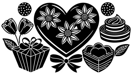 Fototapeta premium Black and white graphic collection featuring a heart with flowers a gift box roses a bow and assorted confectionery perfect for romantic celebrations