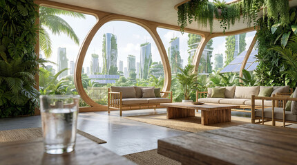 Fototapeta premium Futuristic Solarpunk Interior Design with Panoramic Nature Views and Organic Bamboo Furniture, Biophilic Living Concept
