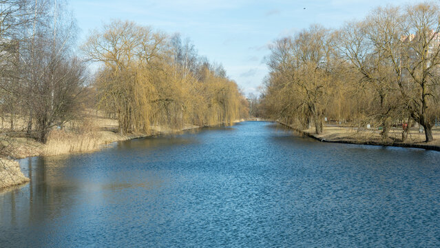 Serene river with leafless trees and walking paths in early spring or autumn urban park. Peaceful canal surrounded by bare trees and grassy banks in tranquil city park with soft ripples on water.