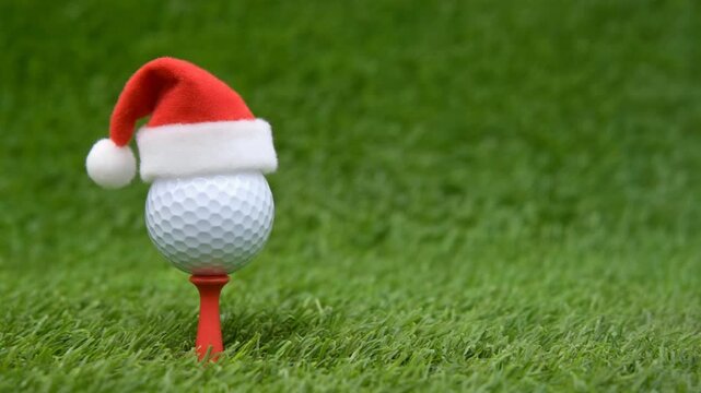 A golf ball wearing a Santa hat on green grass.