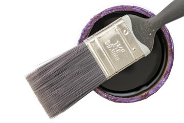 A paint brush with a black handle and grey bristles sits on the rim of an open lacquer can, with purple paint appearing