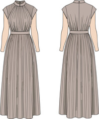 Obraz premium Technical fashion illustration of pleated full-length dress with stand collar, cap sleeves, waistband, front and back views, garment construction sketch