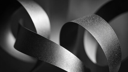 Close-up of glittery metallic ribbons curling and looping in black and white. Concept Close-up Glitter, Metallic Ribbons, Curling Loops, Black and White, Abstract Texture