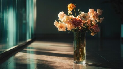 A tall glass vase filled with peach and pink flowers on a sunlit tiled floor beside a glass wall. Concept Floral arrangement, Sunlit interior, Glass vase decor, Peach and pink flowers
