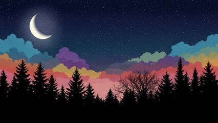 Naklejka premium Night Sky and Colored Cloudscape: A captivating night scene, where the crescent moon gently illuminates a canvas of vibrant, multicolored clouds above a silhouette of a serene forest. 