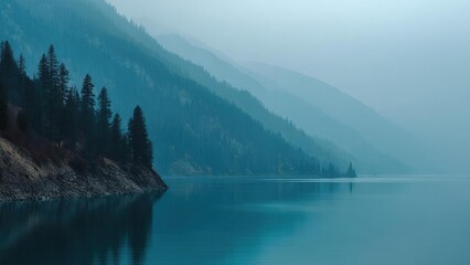 A calm alpine lake bordered by pine-covered slopes with hazy blue mountains fading into the distance. Concept Alpine lake serenity, Pine-covered slopes, Hazy blue mountains, Misty alpine landscape