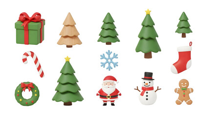 Festive collection of christmas icons including trees gifts santa snowman and decorations isolated on transparent background