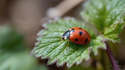 Obraz premium A red ladybug with black spots perched on a green leaf. Concept Red ladybug close-up, Black spots pattern, Green leaf backdrop, Nature macro, Insect portrait