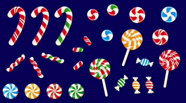 Christmas lollipops, candy canes, and peppermint sweets with red and green spiral stripes. Festive hard candies, caramels, and striped holiday lollipops on sticks. Vector cartoon set.