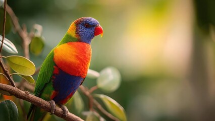Naklejka premium Colorful rainbow lorikeet perched on a branch, with blue head, orange chest and green wings. Concept Rainbow lorikeet on a branch, Blue head orange chest green wings, Tropical bird portrait