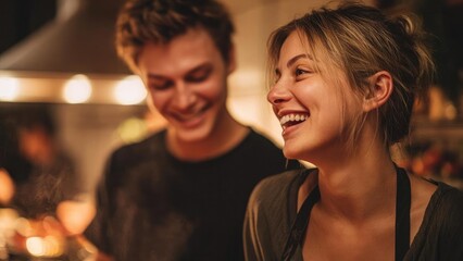Two friends in a warmly lit kitchen share a laugh, the woman in the foreground smiling broadly. Concept Two friends in a cozy kitchen, Warm lighting, Laughter, Foreground smiling woman