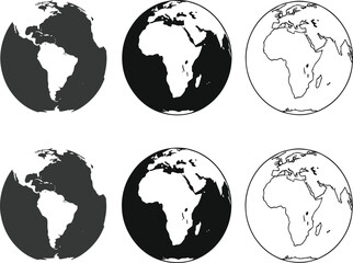 Global earth map vector icons showing continents in solid and outline styles for geography, travel, environment and worldwide concepts