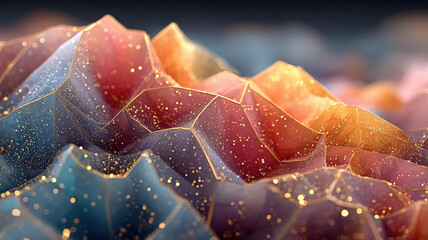 fondo moderno colorido de formas geometricas y colores vivos, dorados, naranjas, azules y morados sobre fondo oscuro