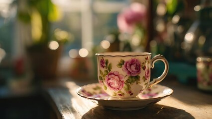 A delicate porcelain teacup with pink rose pattern on a matching saucer sits on a sunlit wooden table. Concept Delicate porcelain teacup, Pink rose pattern, Tea set on sunlit wooden table