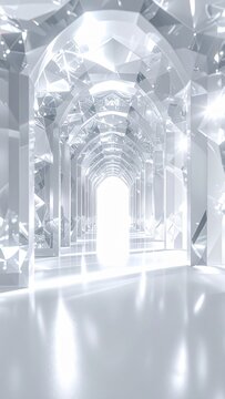 Bright Crystal Hallway with Arches and Glowing Light Entrance