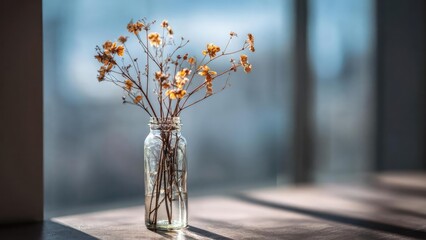 Dried yellow flowers arranged in a clear glass bottle on a sunlit windowsill with a soft blue, blurred background. Concept Dried Flowers Arrangement, Glass Bottle Still Life, Sunlit Windowsill