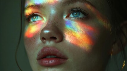 Obraz premium Close-up of a person’s face bathed in rainbow light across the cheeks and nose. Concept Rainbow light portrait, Close-up face, Colorful facial glow, Cheeks and nose lighting