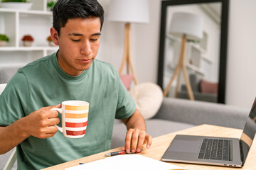 Young man working remotely from home with laptop