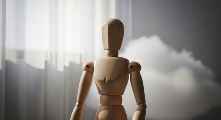 Wooden mannequin stands before sheer curtains with dramatic lighting