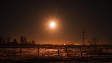 Bright starburst light in a dark night sky over a rural field with fence posts and distant city lights Concept Bright starburst light, Night sky, Rural field, Fence posts, Distant city lights