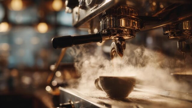 Espresso machine brewing into a cup, steam rising from the hot coffee. Concept Espresso Art, Steaming Cup, Coffee Ritual, Rich Aroma, Morning Brew