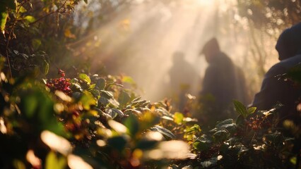 Obraz premium Red berries on glossy green bushes bathed in warm morning light, with silhouettes of people in a misty garden. Concept Misty garden silhouettes at dawn, Warm morning light on red berries