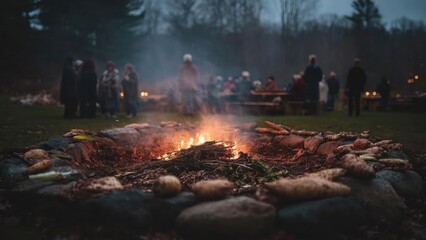 Campfire in a stone ring roasting bread, as a group of people gathers in a park at dusk. Concept Campfire Gathering, Stone Ring Fire, Bread Roasting at Dusk, Park Group Portraits