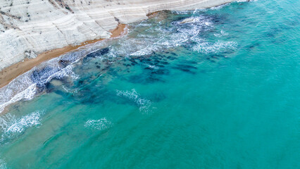 scala dei turchi Beautiful white beach from above drone shot pretty blue ocean sea 