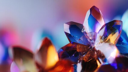 Close-up of faceted, multicolored crystal gems sparkling with rainbow hues. Concept Crystal gems, Faceted gems, Multicolored gemstones, Rainbow sparkle, Close-up macro