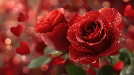 fondo rom&aacute;ntico con rosas rojas y fondo desenfocado de corazones. concepto celebraciones de San Valentin, cumplea&ntilde;os, bodas aniversarios y dia de la madre
