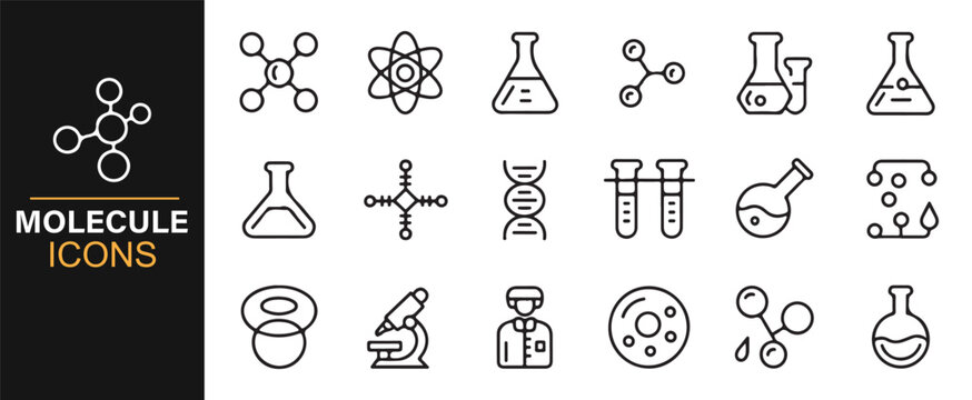 Modern science icon bundle featuring molecules, chemical tools, test tubes, and microscopes