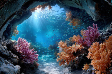 Sunlit Coral Reef in Underwater Cave