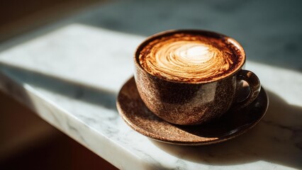 Latte with rosetta-style latte art in a speckled brown ceramic cup on a matching saucer resting on a marble surface. Concept Rosetta latte art, Speckled brown ceramic cup, Matching saucer