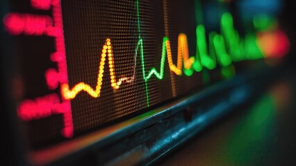 Close-up of a neon-colored LED display with a jagged, fluctuating line similar to a stock chart or heartbeat monitor. Concept Neon LED close-up, Jagged fluctuating line, Stock-chart inspired glow