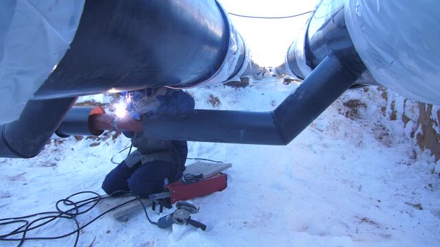 Welder working on heating pipeline construction in winter outdoors.