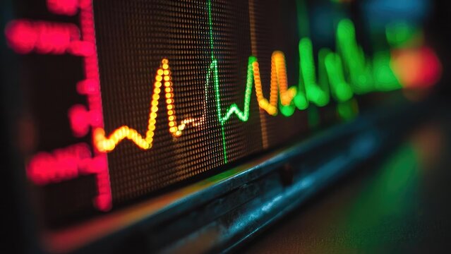 Close-up of a neon-colored LED display with a jagged, fluctuating line similar to a stock chart or heartbeat monitor. Concept Neon LED close-up, Jagged fluctuating line, Stock-chart inspired glow - Powered by Adobe