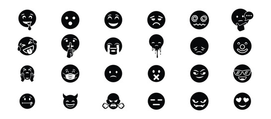 Emoji icon set. Including happy emotion, sad, smiling, surprised, angry, relaxed, confused, laughing, excited and shocked emoticon icons. Silhouette vector illustration