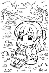 Kawaii Chibi Girl Coloring Page, Cute Line Art Illustration, Simple Line Art, vector illustration