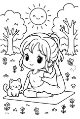 Kawaii Chibi Girl Coloring Page, Cute Line Art Illustration, Simple Line Art, vector illustration