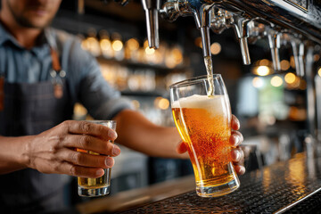Pouring craft beer at a bustling bar during the evening
