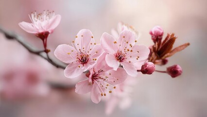 Pink cherry blossoms blooming on a branch with a soft, pastel background. Concept Cherry Blossoms, Pink Blooms, Branch Shot, Pastel Background, Spring Photography