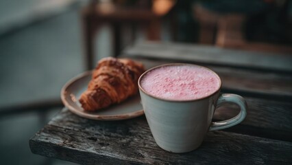 A pink latte topped with foam in a mug beside a croissant on a plate, set on a rustic wooden table. Concept Pink latte art, Croissant on plate, Rustic wooden table, Cozy breakfast scene