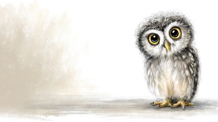 Obraz premium Drawing of an owl perched on the ground, eyes wide open, gazing directly at the camera against a plain white backdrop