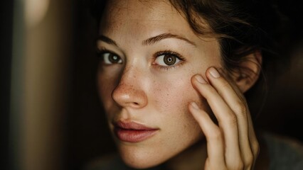 Close-up of a freckled woman touching her cheek, with green eyes looking into the camera. Concept Freckled beauty close-up, Green-eyed portrait, Touching cheek detail, Intimate beauty shot