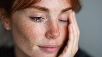 Close-up of a freckled face with red hair, eyes closed, hands resting against the cheek. Concept Freckled red-haired close-up portrait, Eyes closed calm expression, Hands on cheeks