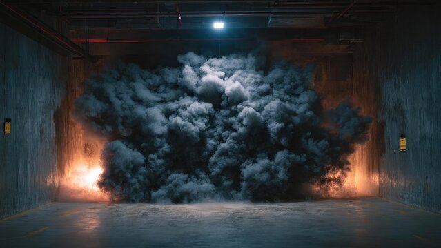 An explosion in an enclosed concrete room, producing a huge black smoke plume and orange flames. Concept Industrial disaster scene, Enclosed concrete room, Black smoke plume, Orange flames