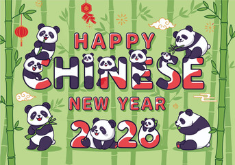 Fototapeta premium Adorable pandas celebrate the festive Chinese New Year 2020 surrounded by vibrant bamboo and traditional decorations, spreading joy and good fortune