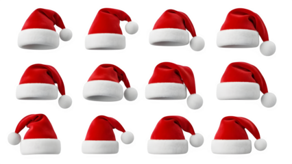 Collection of festive red santa hats with white fur trim arranged in a grid isolated on transparent background