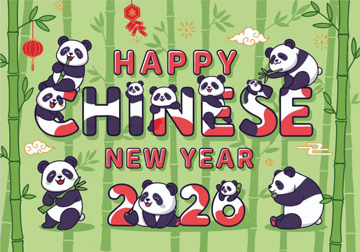Adorable pandas celebrate the festive Chinese New Year 2020 surrounded by vibrant bamboo and traditional decorations, spreading joy and good fortune